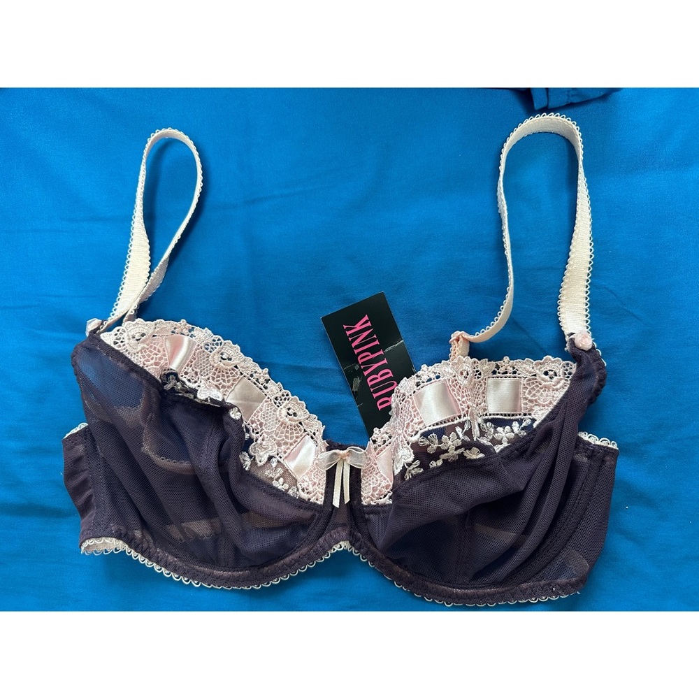 Ruby Pink Bra, NWT 32F. Beautiful lace and ribbon detail.